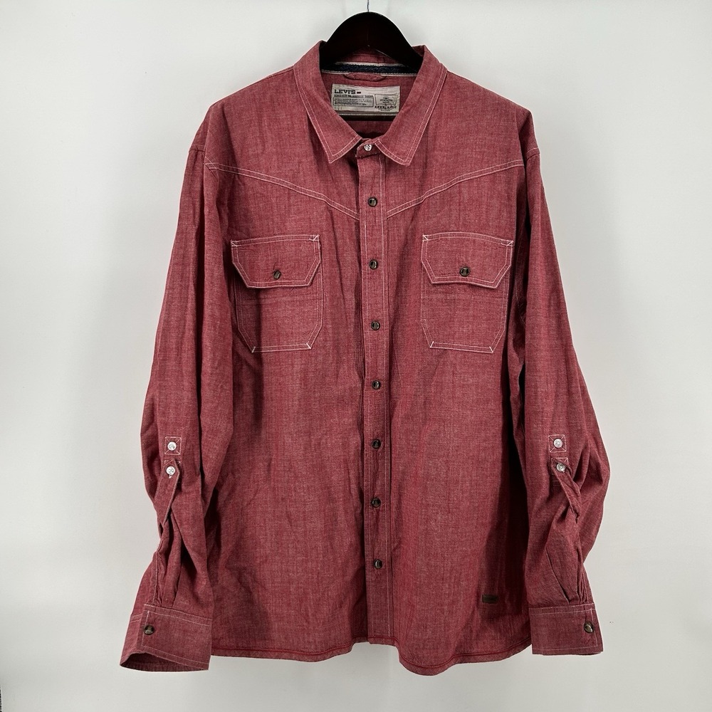 Levis Western Yoke Shirt Mens 3XL Red Chambray Marbled Snap Roll Tab Cowboy